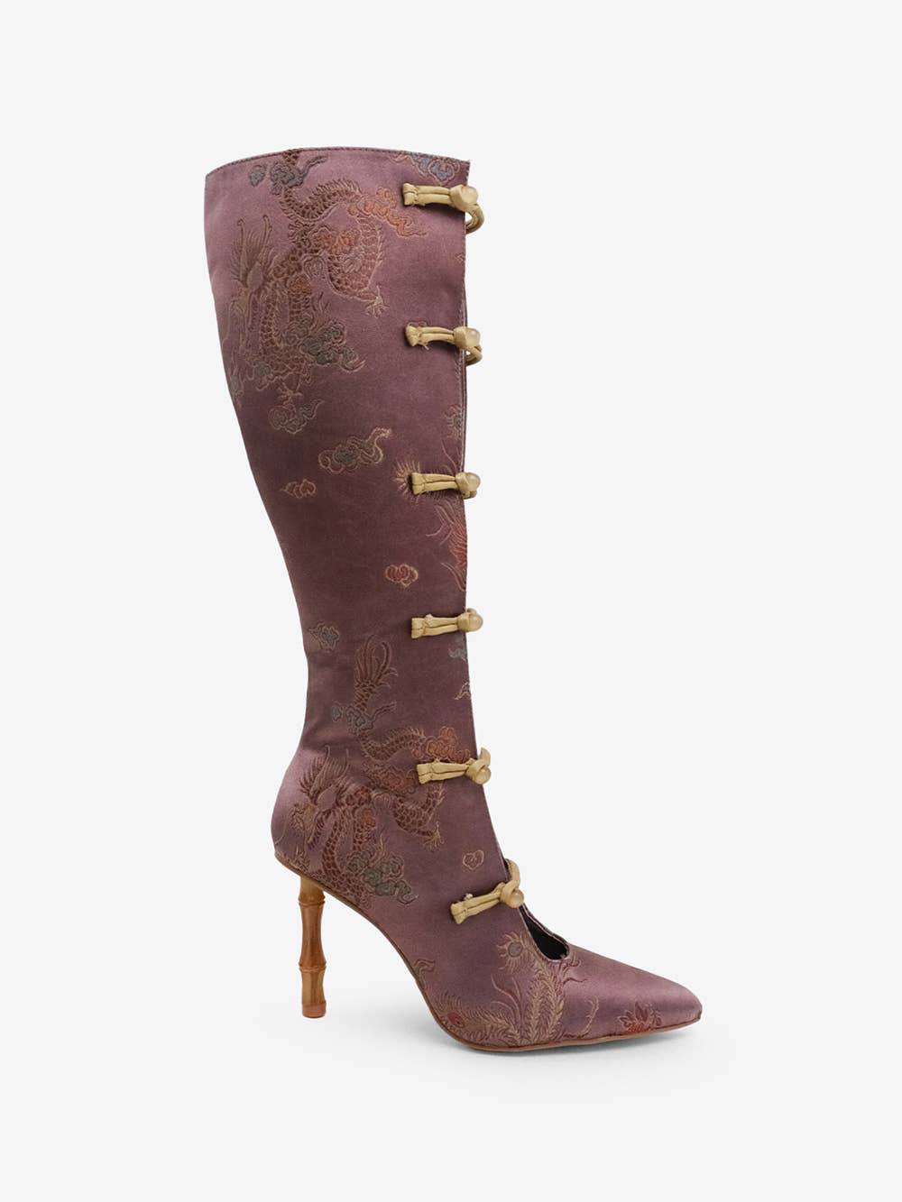 jacquard, dragon pattern, cheongsam frog buttons, bamboo heel, knee high boots, new oriental style
