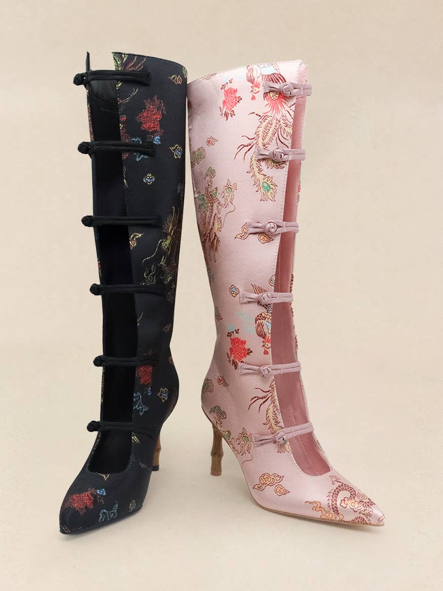 jacquard, dragon pattern, cheongsam frog buttons, bamboo heel, knee high boots, new oriental style