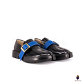 WoodchuckSato Black Edge-Beaded Cowhide Leather Tabi Loafers with Removable Blue Strap & Chunky Sole