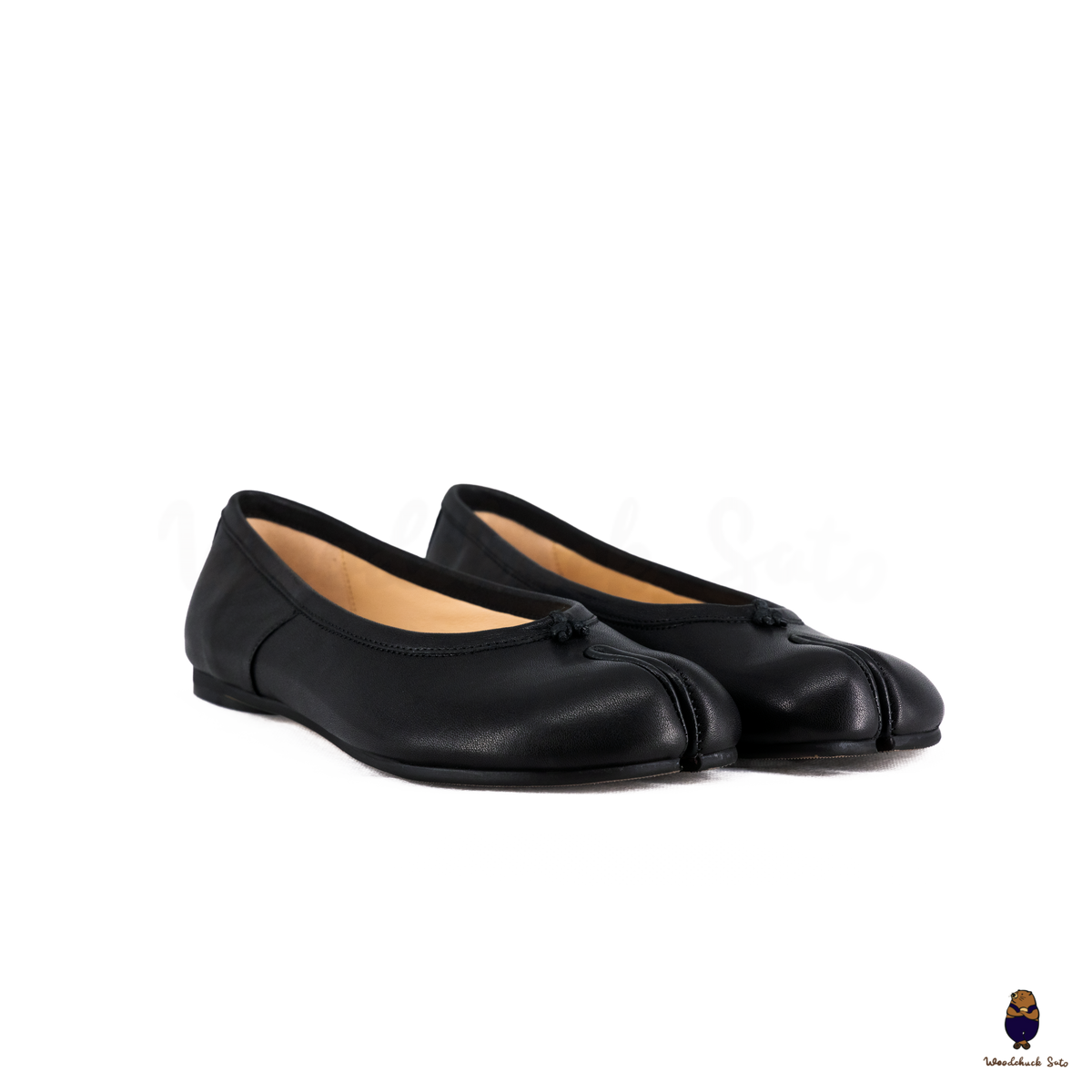 WoodchuckSato Black Leather Split-Toe Tabi Ballerina Flats