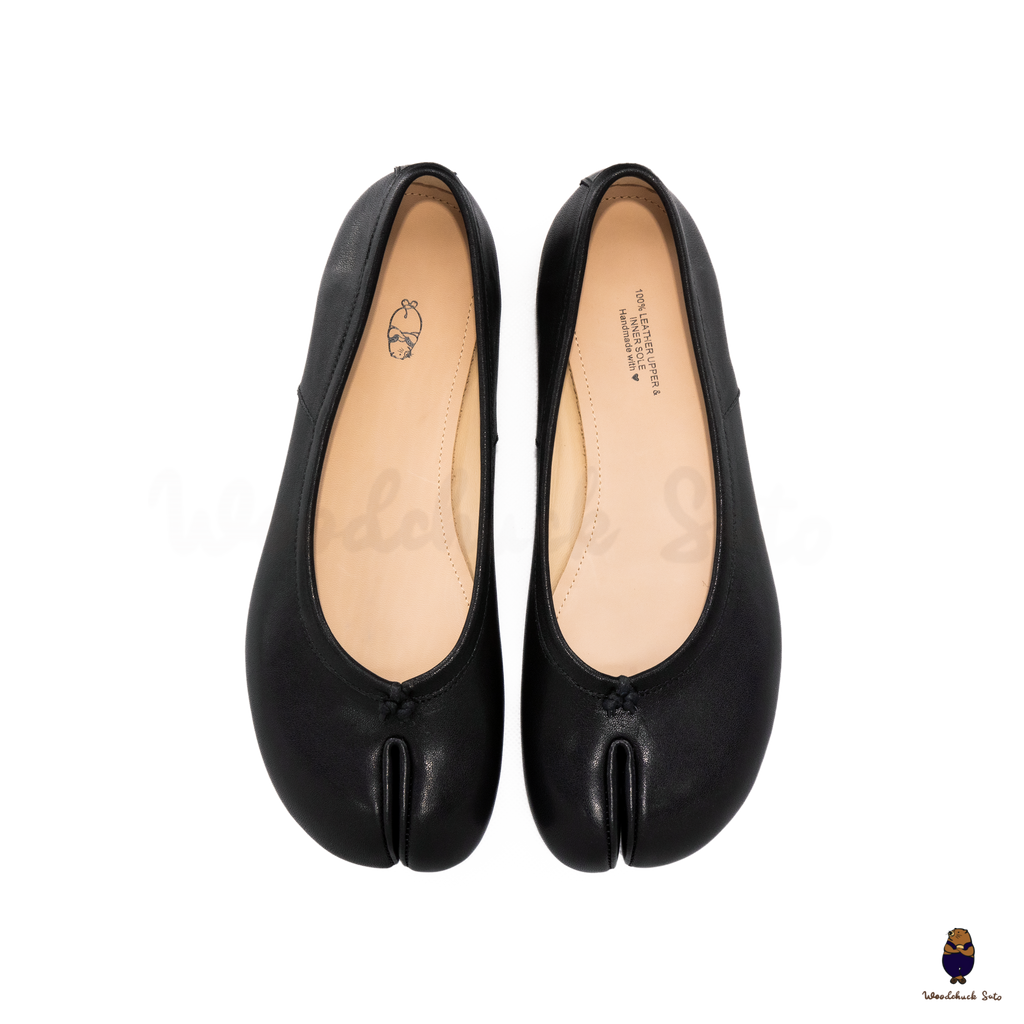 WoodchuckSato Black Leather Split-Toe Tabi Ballerina Flats