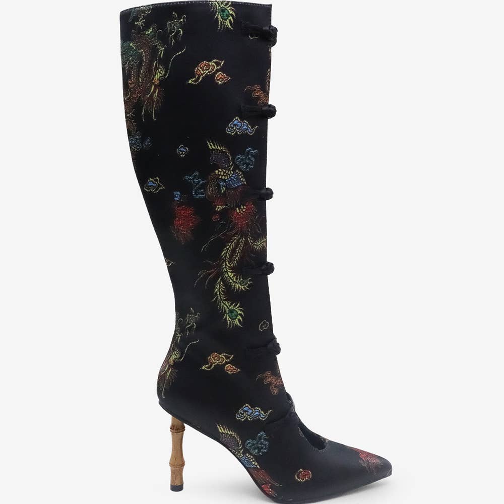 jacquard, dragon pattern, cheongsam frog buttons, bamboo heel, knee high boots, new oriental style