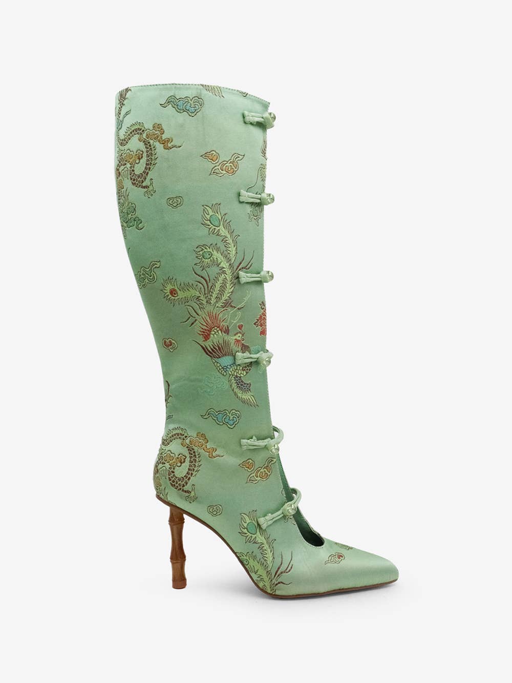 jacquard, dragon pattern, cheongsam frog buttons, bamboo heel, knee high boots, new oriental style